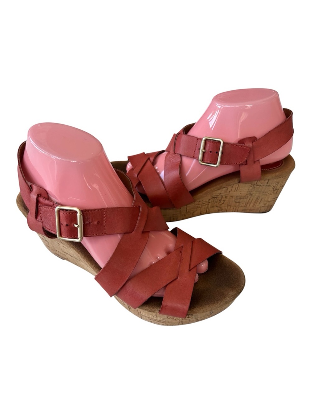 Clarks Artisan Coral Red Leather Strappy Cork Wedge Sandals Boho Fashion 9 Wide
